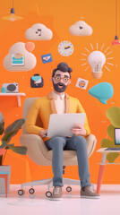 Man in the office sitting in the armchair with a computer. 3d character. Interface icons flying around. Vertical layout