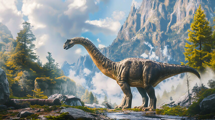 Brachiosaurus was a sauropod dinosaur, one of the largest. Brachiosaurus dinosaur in the nature, It lived in during the late Jurassic period - obrazy, fototapety, plakaty