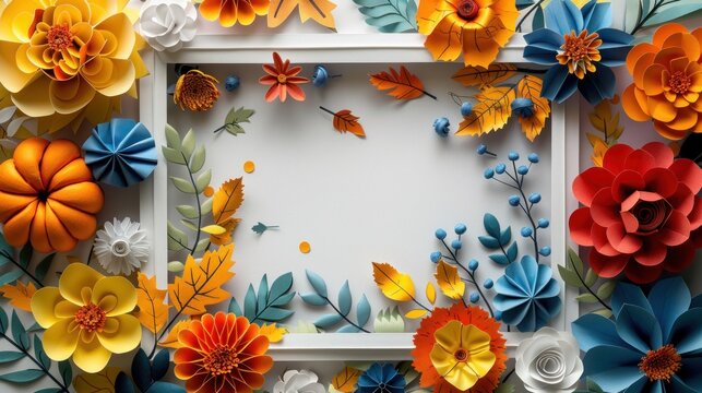 The celebration of autumn can be summed up by a white paper frame filled with colorful paper pumpkins, flowers, and leaves.