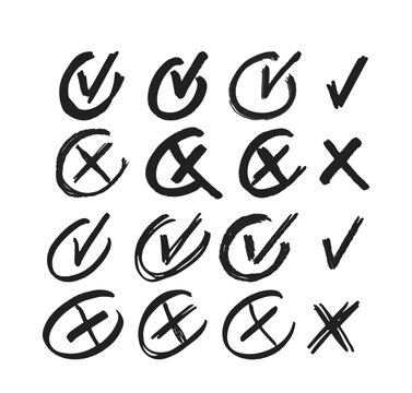 Doodle Cross And Check Marks Inside Of Round Frames. Vector X Symbol Indicating Incorrect Or Negative