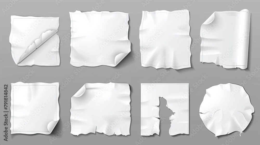 Poster blank crumpled labels in different shapes on transparent background. modern realistic set of sticky 