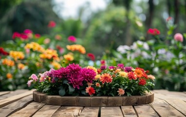 Lush, colorful flowers in full bloom arranged on a round wooden planter create a focal point in a peaceful garden scene.