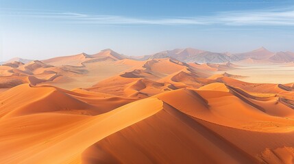 Fototapeta na wymiar Majestic sandy landscape seen from above, endless dunes waving into the horizon, the essence of a secluded desert