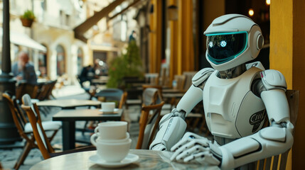 An automated robot enjoying a cup of coffee at the table in a modern setting