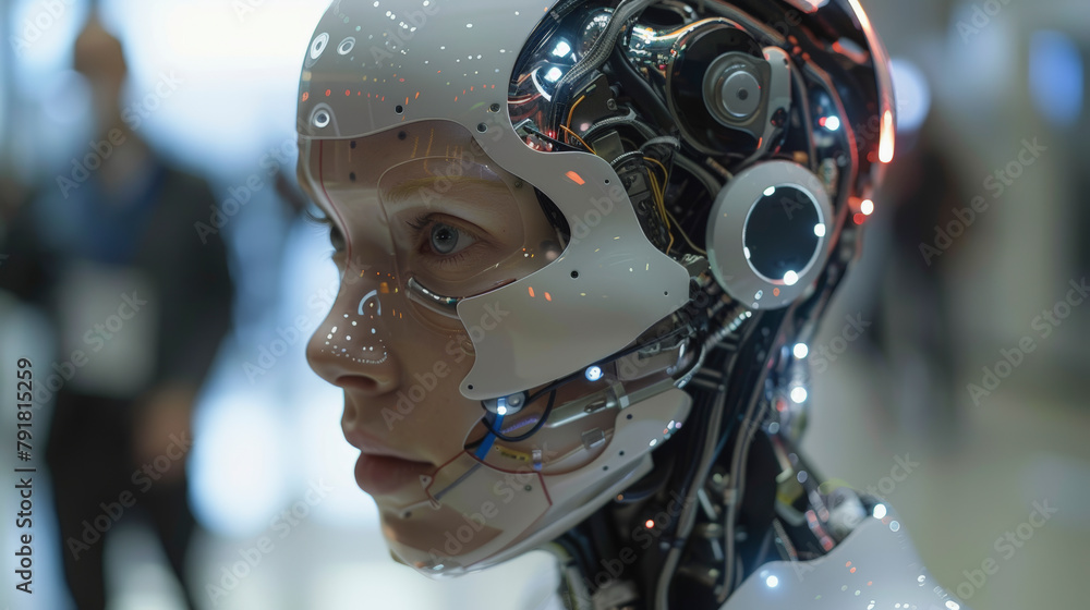 Poster close-up of a humanoid robot with intricate inner mechanics visible beneath a transparent, artificia