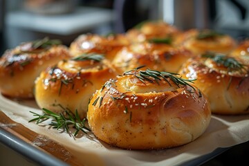 Warm, inviting image of soft rosemary rolls just out of the oven, displayed on baking parchment, with a kitchen towel