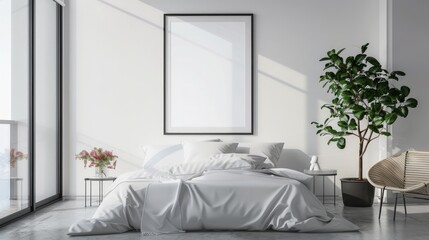 Frame mockup poster reflective glass on the wall of living room. Modern interior design apartment background.