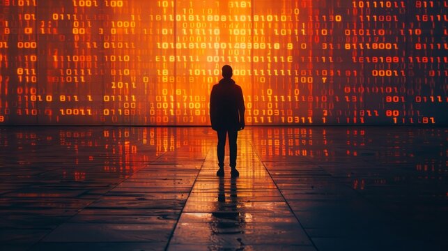 A lone figure stands in a dark,Xia Yu De Jie Dao Shang . The only light comes from the bright, binary code raining down from the sky.