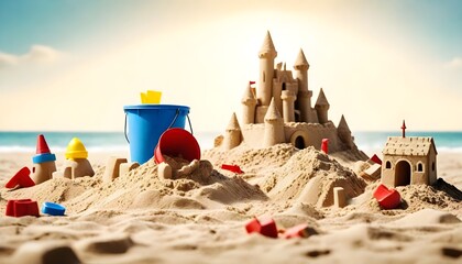 sandcastle and toys on the sand on the beach