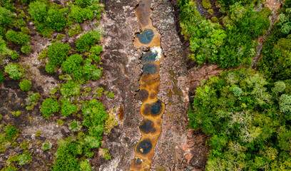Aerial view of natural pools in lush greenery at San Jose del Guaviare, Colombia