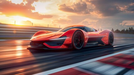 A red futuristic sports car is speeding down a race track.