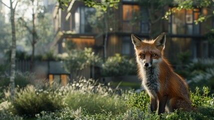 A red fox sits in a green field, looking at the camera. There are trees and buildings in the background.