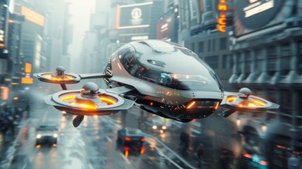 A sleek and futuristic flying car hovers above a busy city street, offering a glimpse into the possibilities of urban transportation in the not-so-distant future.