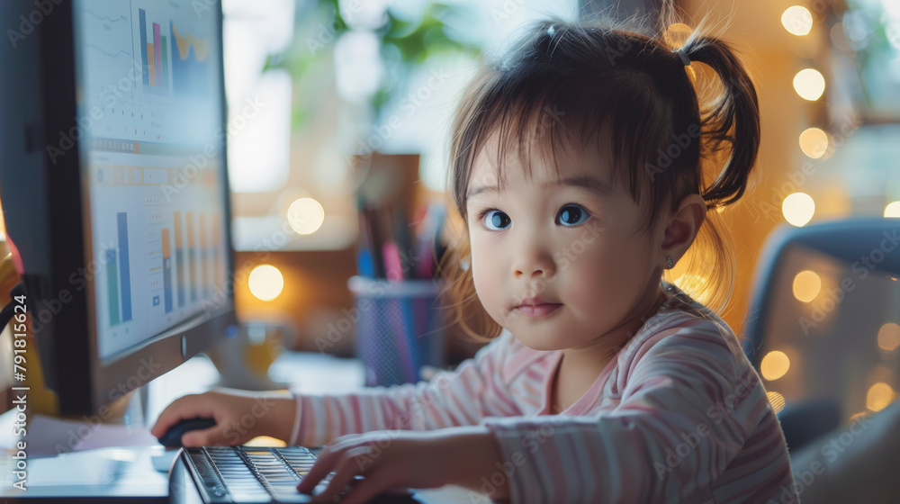 Aufkleber a young child with ponytails looks at the camera while using a computer with charts on the screen, i
