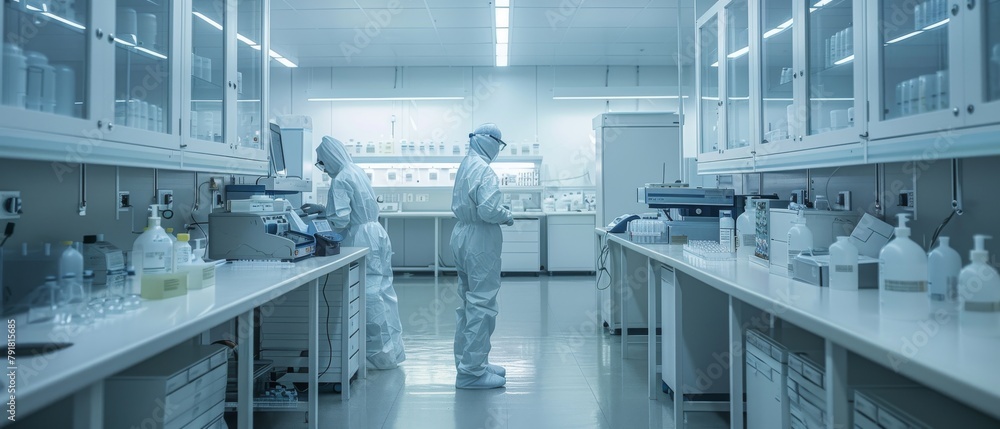 Poster Shot of the Sterile Pharmaceutical Manufacturing Laboratory where Scientists in Protective Coveralls conduct research, quality control, and work on the discovery of new medicines.