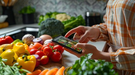 A woman is using a smart phone to find a recipe while cooking in the kitchen. - obrazy, fototapety, plakaty