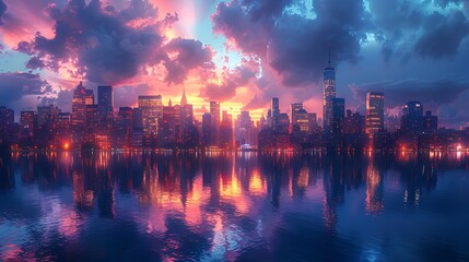 Capture the mesmerizing city skyline at dusk, with towering skyscrapers reflecting the warm glow of the setting sun on their glass facades. 