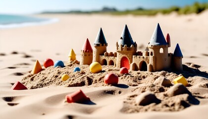 Fototapeta na wymiar sandcastle and toys on the sand on the beach