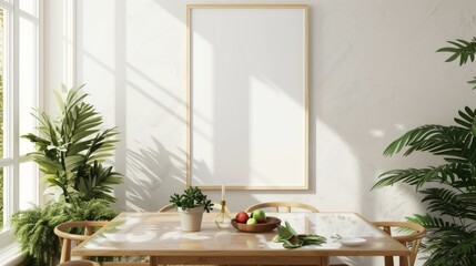 Single frame mockup, reflective glass, mockup poster on the table of dinning room. Apartment Modern Japan interior design background