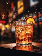 A glass of iced tea with a lemon slice on a bar with water splashing around it. - obrazy, fototapety, plakaty