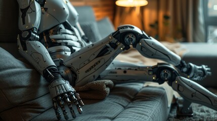 An incredibly detailed and realistic photo of a female robot sitting on a couch.