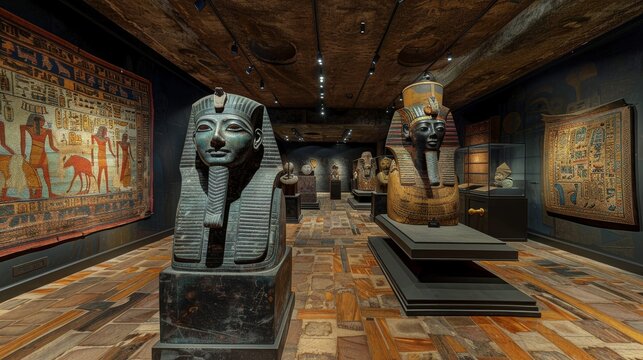 An dimly lit Egyptian exhibit in a museum with a large statue of a pharaoh in the center.