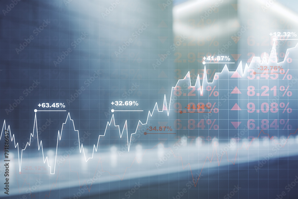 Poster multi exposure of virtual abstract financial graph interface on blurry contemporary office building 