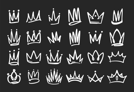 Doodle Crowns Collection. White Vector Quirky, Hand-drawn Diadems, Tiaras, And Royal Headwear For Creative Projects