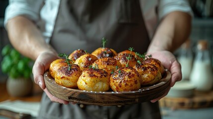 Chef holds a baking sheet with freshlybaked buns or pies  on the background of a bread factory or bakery