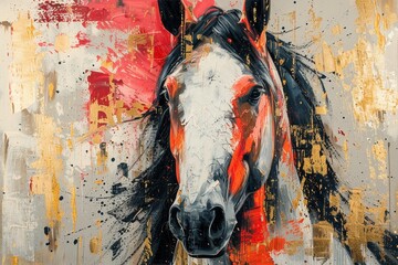 Art painting with gold highlights featuring a horse, modern artwork with large knife strokes and murals