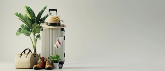 A suitcase with travel accessories on a white background. 3d rendering of a travelling concept.