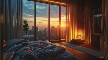 As dawn broke and the first light of morning peeked through the curtains, the penthouse bedroom seemed to come alive with a newfound energy - obrazy, fototapety, plakaty