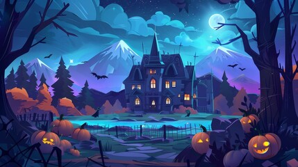 The illustration of a spooky Halloween scene includes a scary house, pumpkins, ghosts, and bats. An animated night landscape with a broken haunted cottage, black trees, mountains, and a lake is shown - obrazy, fototapety, plakaty