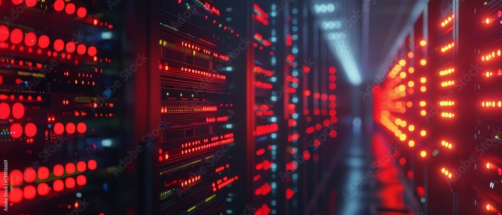 Poster rows of rack servers are shown with led lights blinking and computers working in a dark room.