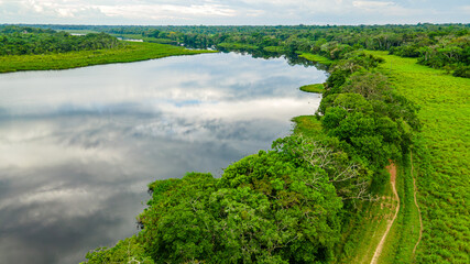 Aerial view of Laguna Negra amidst lush greenery in San Jose del Guaviare, Colombia