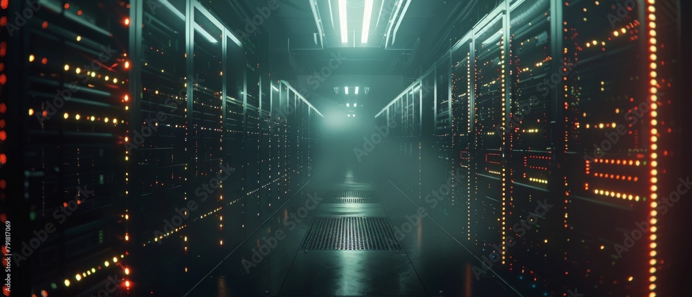 Poster various rows of fully operational server racks in a dark data center with modern telecommunications,