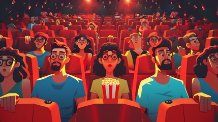 Modern flyers with cartoon illustration of people in cinema auditorium with red seats and projector. Movie theater posters with audience in movie theater hall. Girl with popcorn and couple watching
