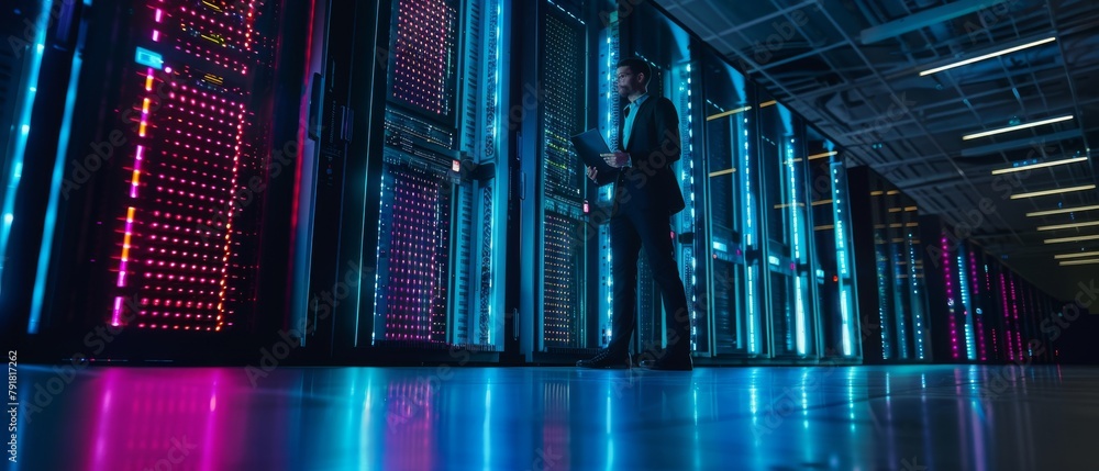 Aufkleber cloud computing, artificial intelligence, supercomputer. neon lights. it specialist stands beside ro