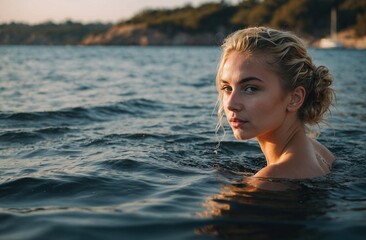Fototapeta premium woman up to her neck swimming in Lake Michigan