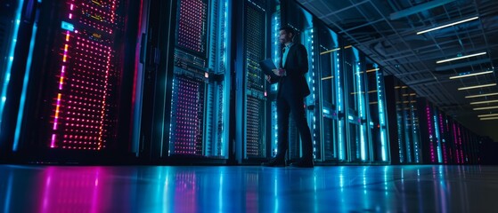 Cloud Computing, Artificial Intelligence, Supercomputer. Neon lights. IT Specialist stands beside row of operational server racks and uses laptop for maintenance.