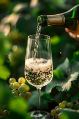 Champagne Pouring into Glass Amidst Vineyard Grapes, Generative AI
