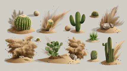 The brown dust clouds and tumbleweed, dry weed balls are isolated on a gray background. Modern realistic set of flow sand, green desert plants and rolling dry bushes, old tumble grass in the prairie.