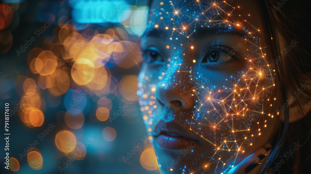 Poster a woman's face overlaid with digital mesh network, representing concepts of artificial intelligence,