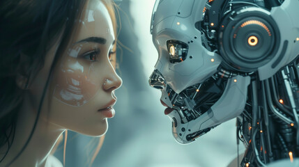 Fototapeta premium A young woman and a humanoid robot face each other closely, portraying a contrast between humanity and artificial intelligence,combination of humans and technology