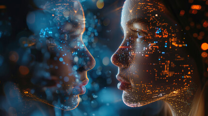 Digital composite image of a man and woman's faces close up with data and network connection lines overlaying their features,combination of humans and technology - Powered by Adobe