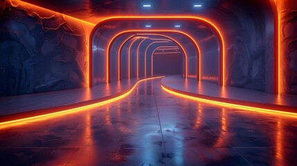 Futuristic Dark Corridor with Luminous Glowing Reflections and Architectural Lighting