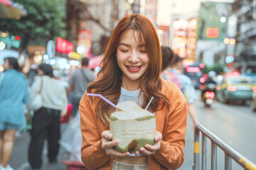 Happy young tourist Asian woman enjoy and drinking coconut juice traditional asian street food at Bangkok Chinatown, Female shopping and eating street food on summer holiday vacation