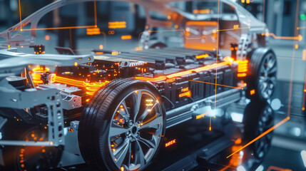 Educational display of an electric vehicle's battery system, annotated with labels and diagrams to help understand the energy flow and storage mechanics