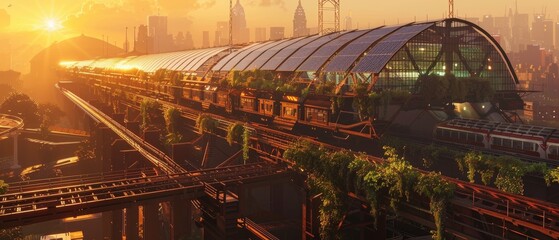 Obraz premium Panoramic view of a solarpunk train station at sunset, with high solar-paneled roofs and plants draped over the structure, showcasing eco-friendly energy solutions