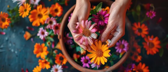 Overhead view of hands delicately placing an eclectic mix of seasonal flowers into a terracotta pot, natural light enhancing the vivid colors